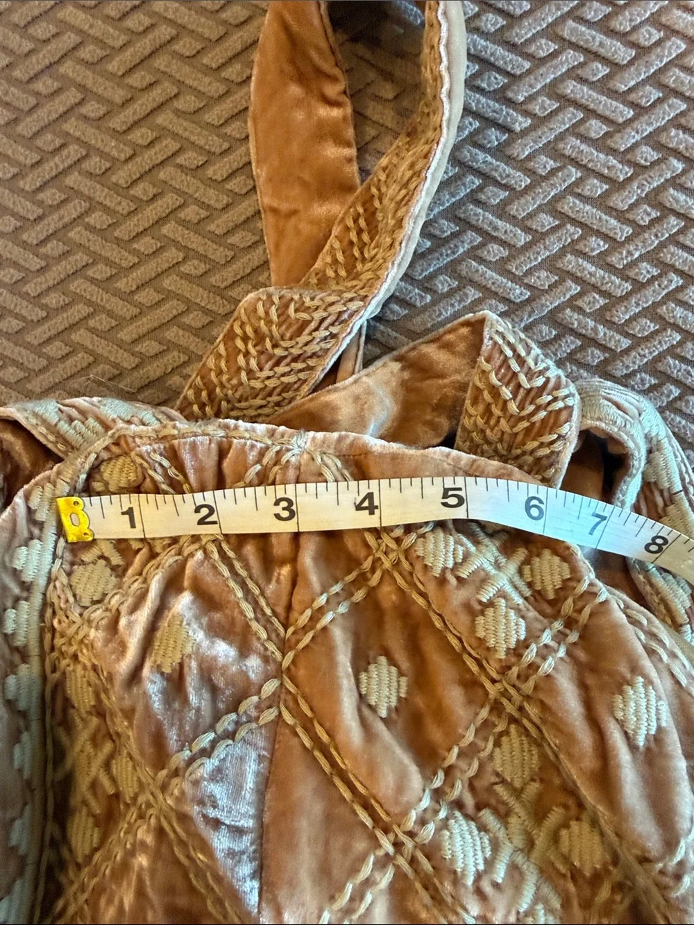 Johnny Was Tan Velvet Tote with Red Floral Embroidery